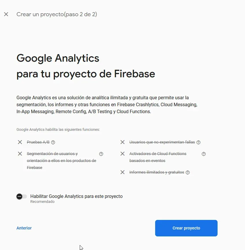 Confirmar Creación del Proyecto Firebase