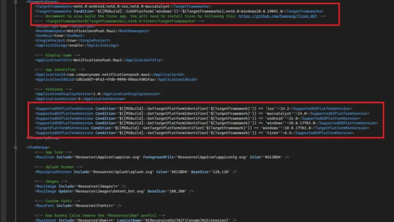 NotificationsPush.Maui.csproj con soporte a todas las plataformas