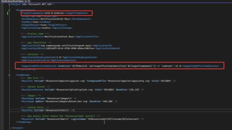 NotificationsPush.Maui.csproj con soporte para Android
