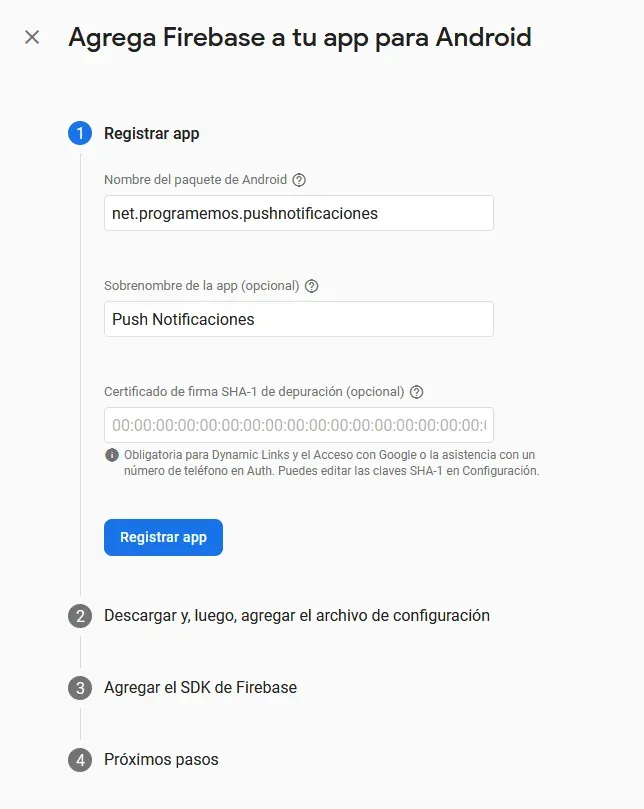 Registro aplicación Firebase